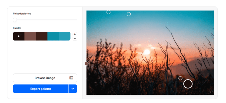 Snímek obrazovky nástroje pro výběr barvy obrázků v aplikaci Coolors