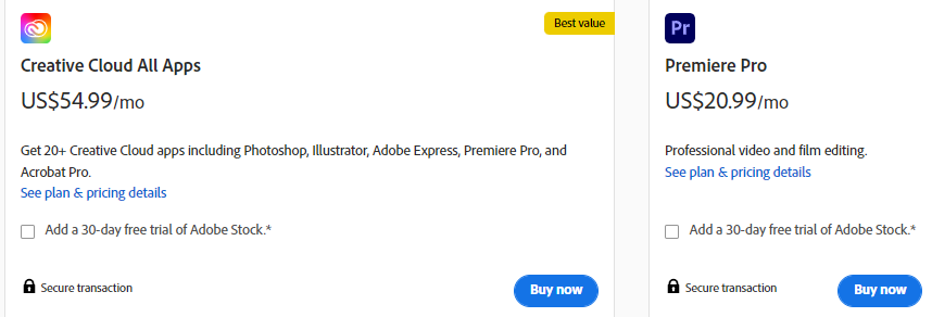 Adobe Premiere Pro a Creative Cloud - ceník. Zdroj: adobe.com